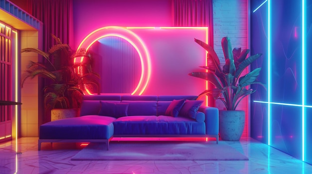 Photo a room with a couch and a round circle with a plant in it