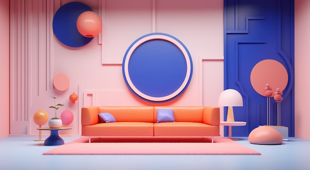 a room with a couch and a round wall