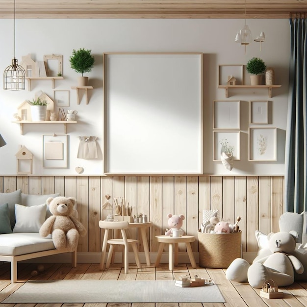 a room with a couch a shelf and a stuffed bear