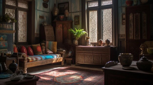 Photo a room with a couch and a table with a vase of green leaves on it