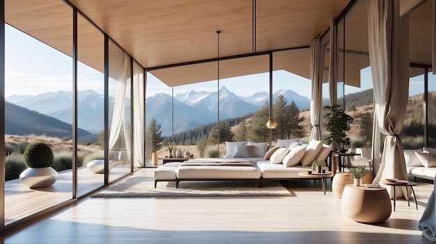 a room with a couch and a table with a view of mountains