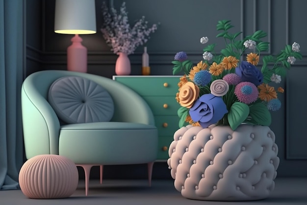 A room with a couch and a vase of flowers on it