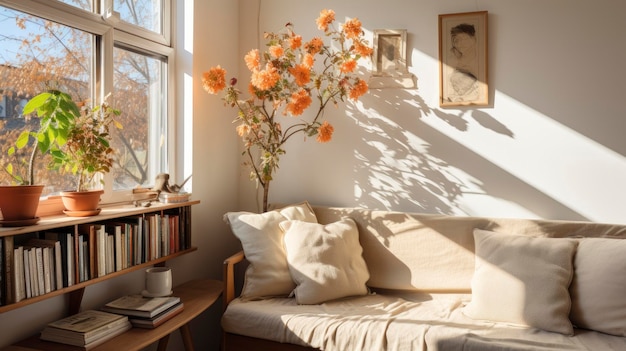Photo a room with a couch and a vase of flowers on the table