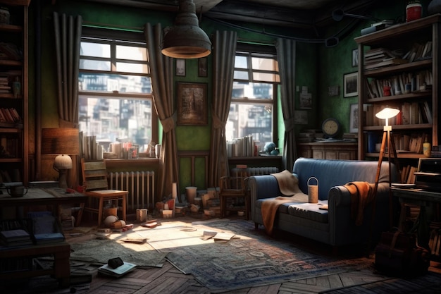 A room with a couch and a window that says'the last of us '