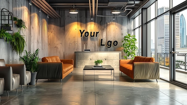 a room with couches and a table with a sign that says your logo on it
