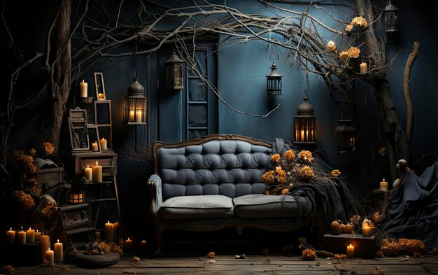 a room with a dark wall and a couch with a bunch of lights on it.