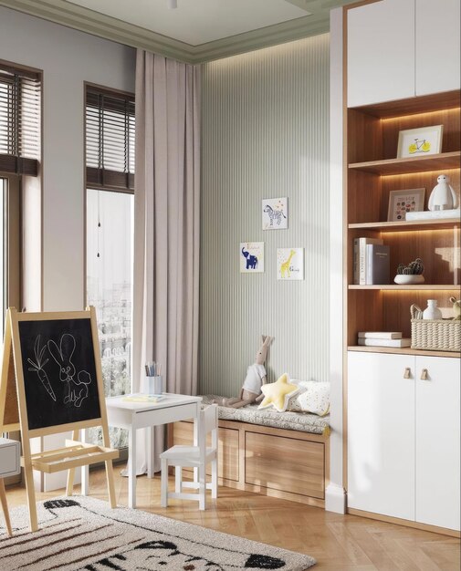 a room with a desk a bookcase and a picture of a child on the wall