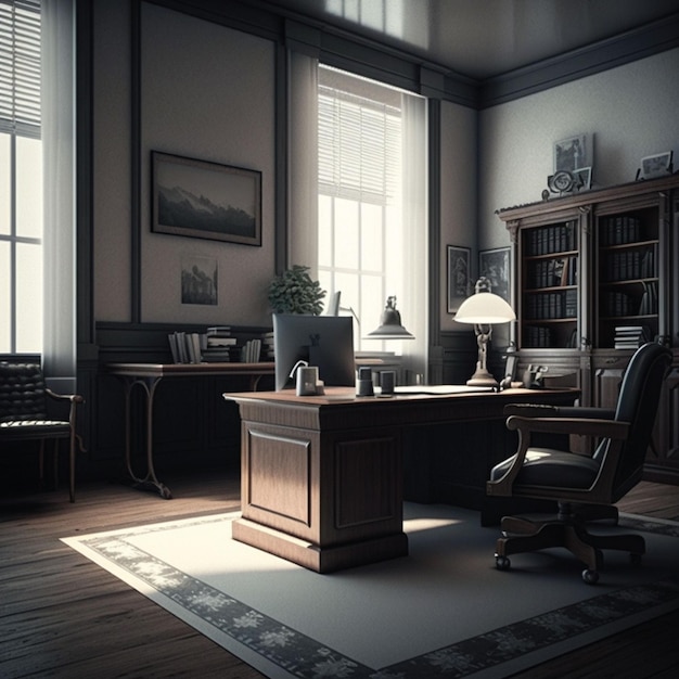 A room with a desk and a bookcase with a bookcase on the wall