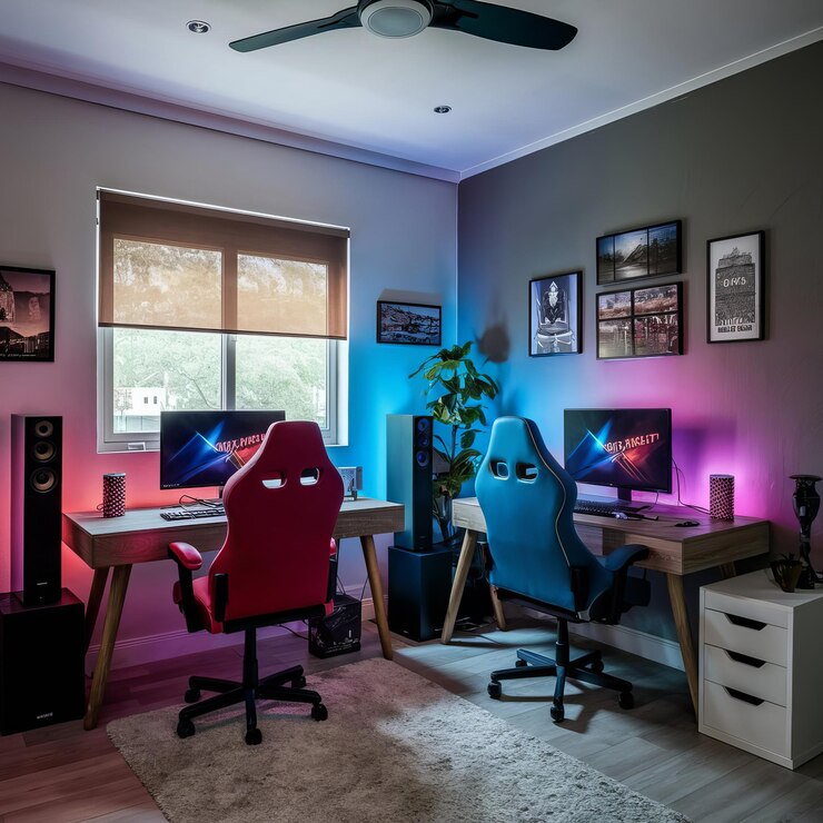 Photo room with a desk chair and a computer monitor gaming room _ai generated