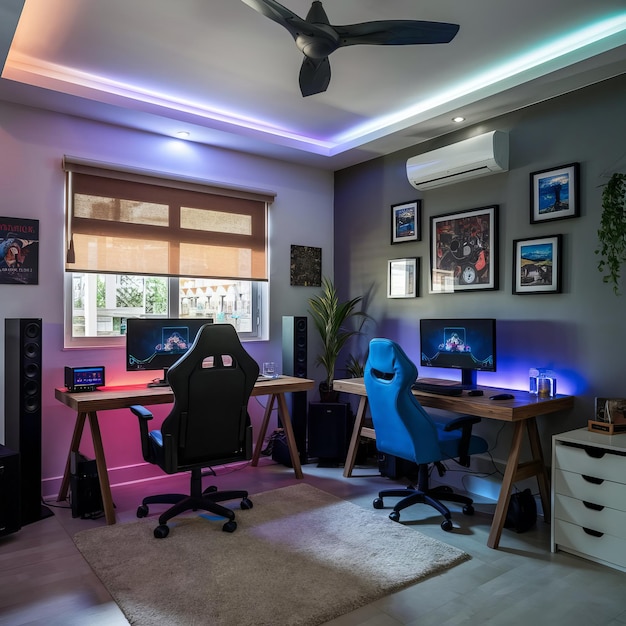 room with a desk chair and a computer monitor gaming room _ai generated