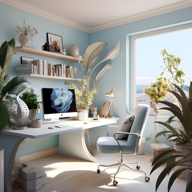 책상과 의자, 큰 창문이 있는 방 지중해 인테리어 푸른색 작업 공간