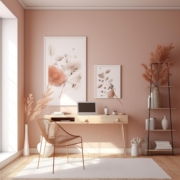 A room with a desk and a chair and a picture of a flower on the wall.
