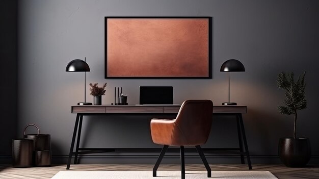 책상 의자 와 벽 에 그림 이 있는 방 개인적 인 촉촉 을 가진 조직 된 작업 공간
