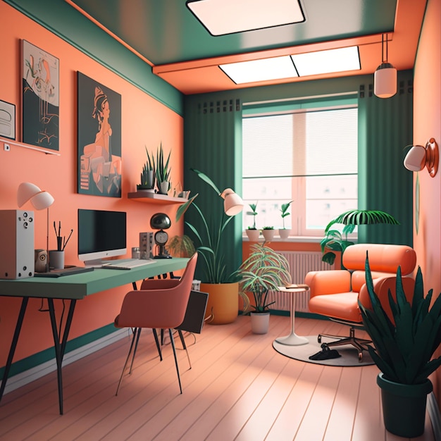 A room with a desk and a chair and a plant on the wall.