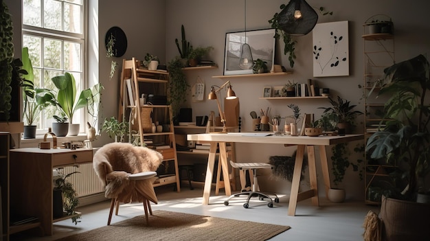 A room with a desk and a chair that says'home'on it