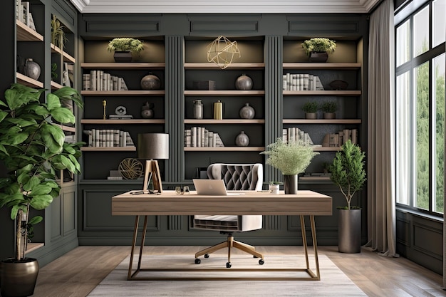 A room with a desk and a chair with a plant on the shelf.