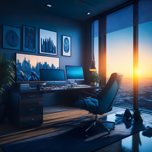 A room with a desk and a computer monitor and a cityscape on the wall