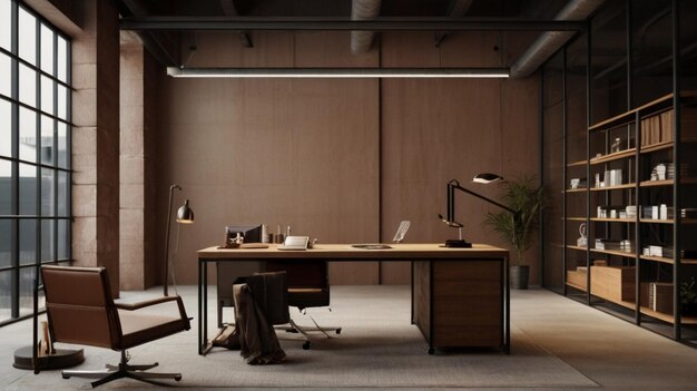 a room with a desk and a lamp on it