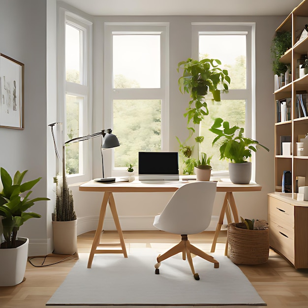 a room with a desk a laptop a plant and a bookcase