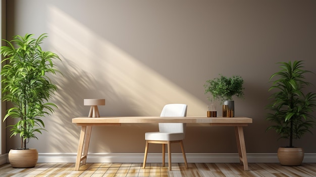 A room with a desk and plants in the background