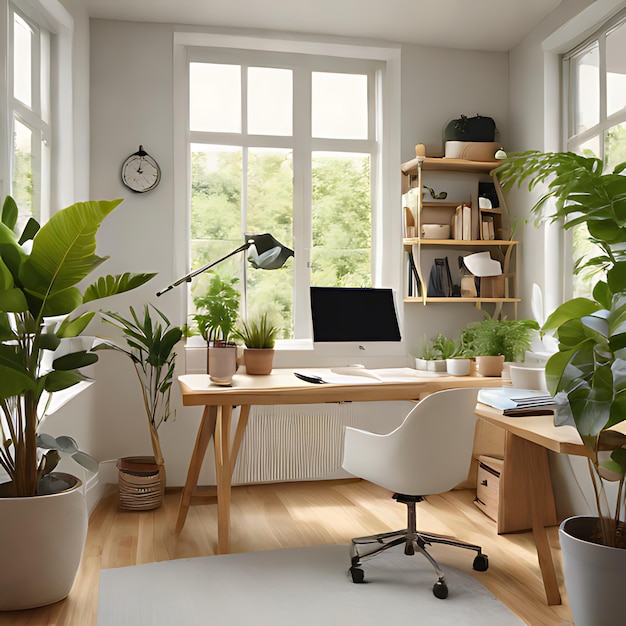 a room with a desk plants and a computer monitor