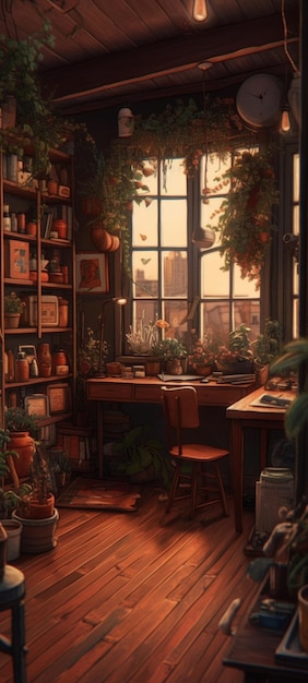 A room with a desk and a shelf full of plants.