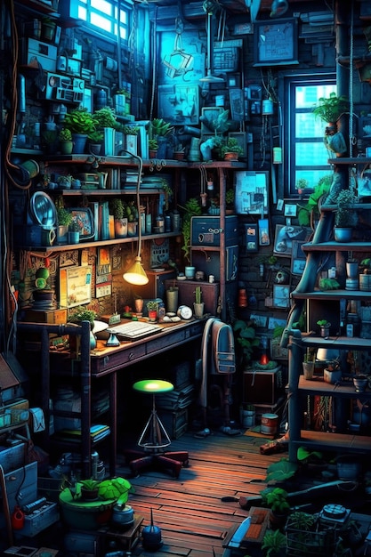 A room with a desk and shelves full of plants and a lamp