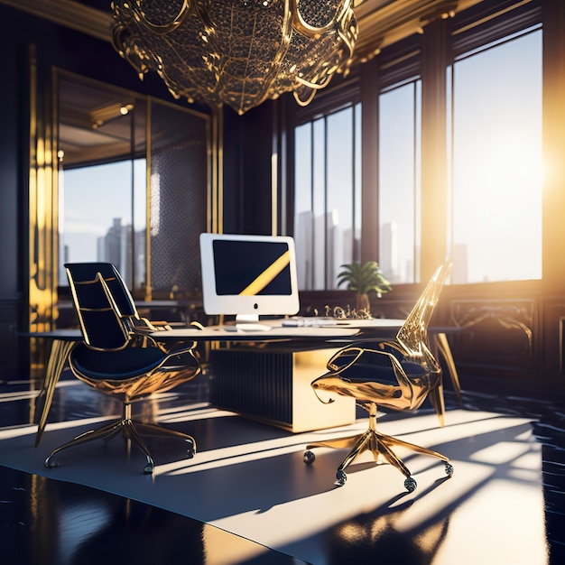 A room with a desk and two chairs and a large window with a city in the background.