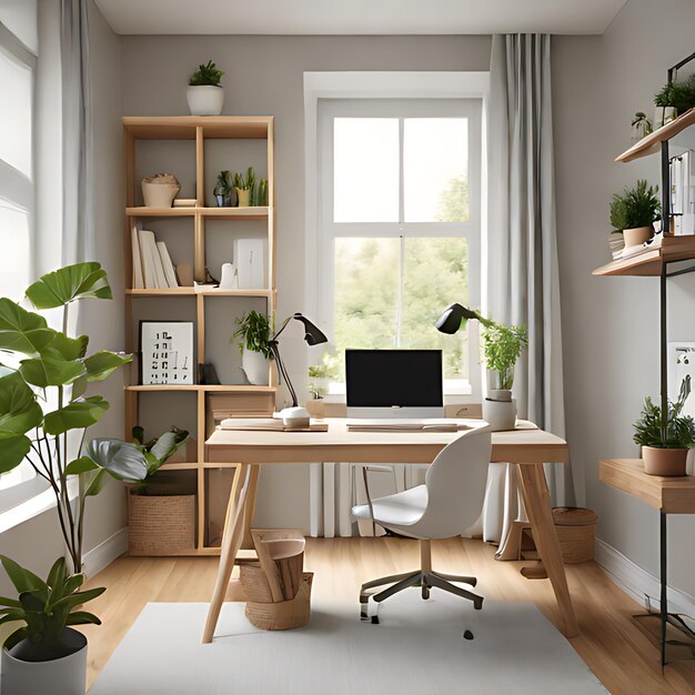 a room with a desk a window a plant and a window with the word quot no quot on it