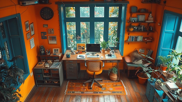 a room with a desk and a window with a computer on it