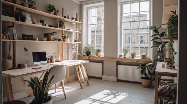 A room with a desk and a window with plants on it