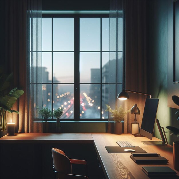 A room with a desk and a window with a view of a city