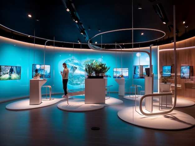 a room with a display of a man and some plants