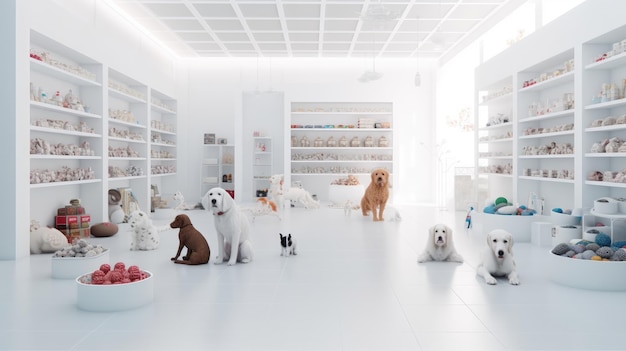 A room with dogs and a shelf with a cat on it