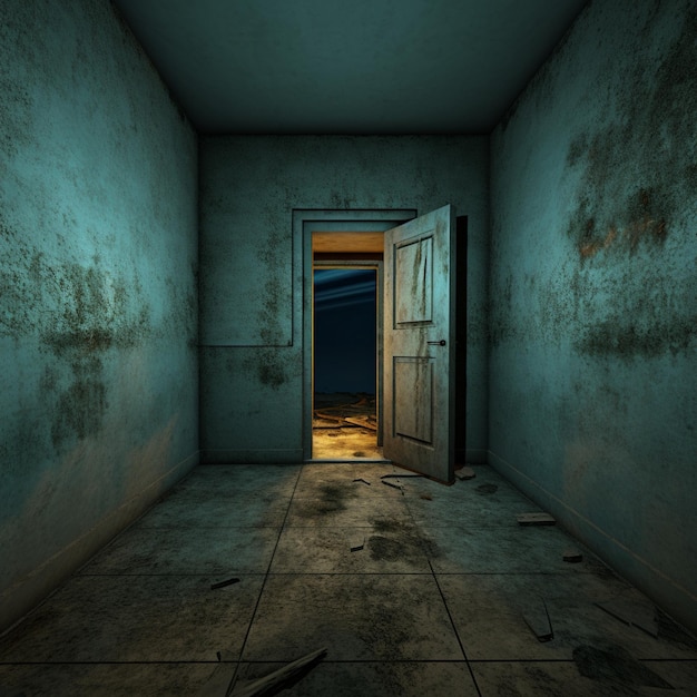 파란 벽에 문을 열고 "출구"라는 문이 있는 방.