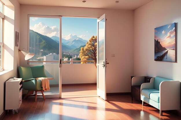Foto una stanza con una porta che ha sullo sfondo una montagna.