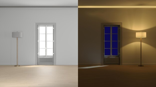 A room with a door and a window with a blue light on it.