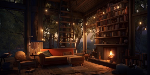 A room with a fireplace and a bookcase