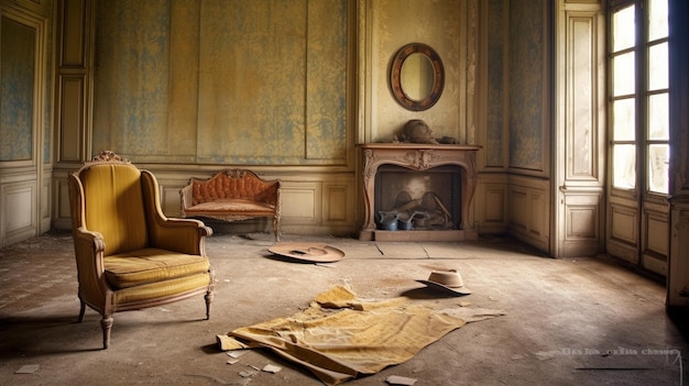 A room with a fireplace and a chair and a hat on the floor.