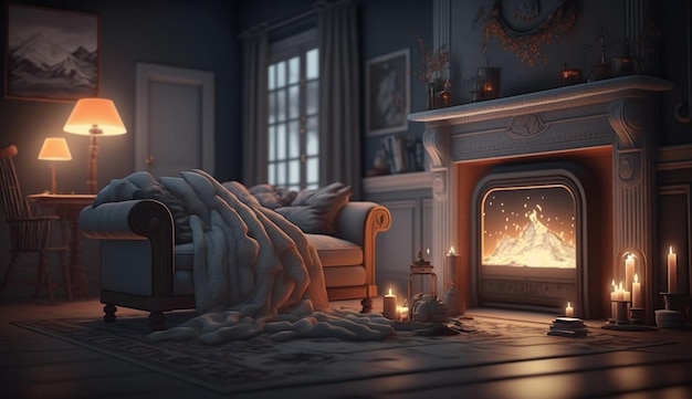 A room with a fireplace and a fire in the corner.