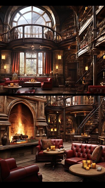 a room with a fireplace and a fireplace with a fireplace in it