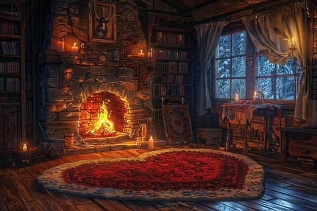 Photo a room with a fireplace and a rug with a red rug on it