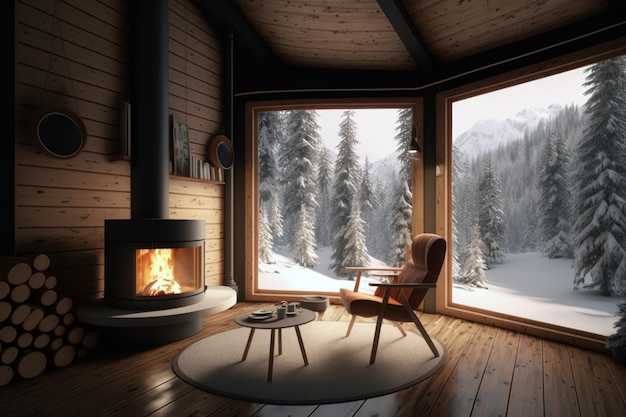 A room with a fireplace and a window with snow on the floor