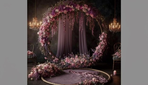 A room with a floral arch and a chandelier.