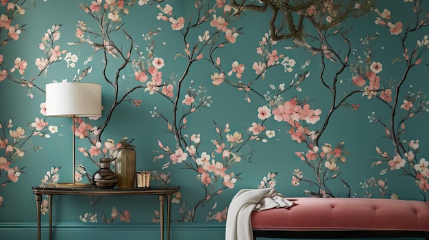 A room with a floral wallpaper and a lamp.