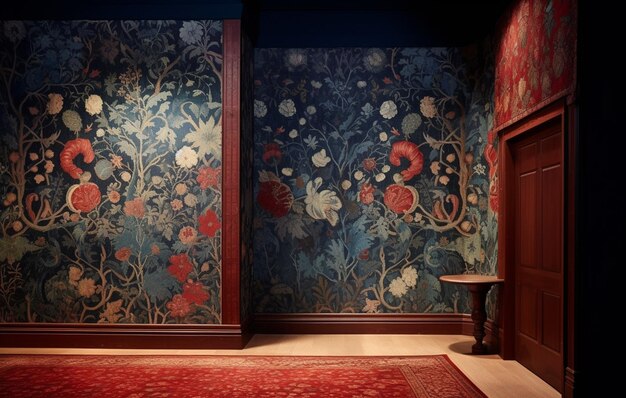 A room with floral wallpaper and a red rug