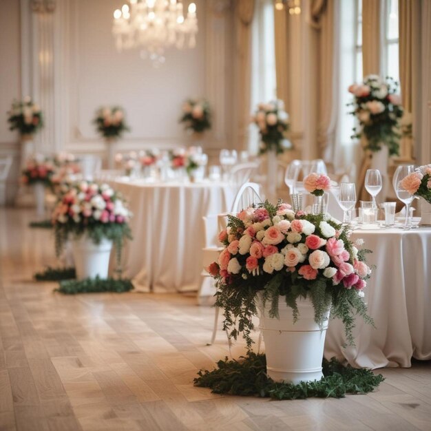 a room with a flower arrangement and a table with chairs and tables with flowers on it