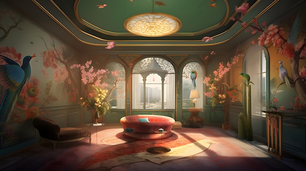 A room with a flower on the ceiling