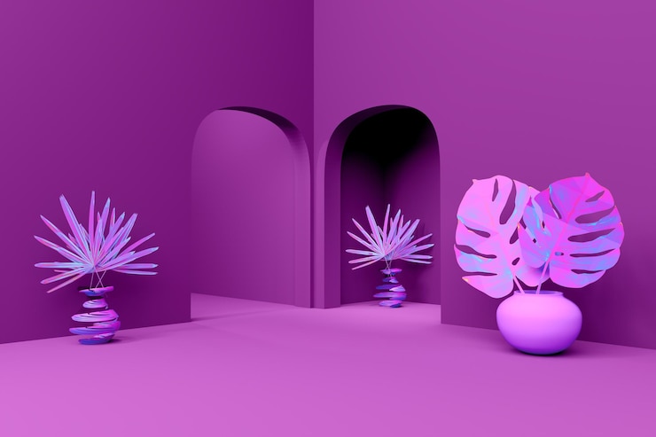 Photo room with flowerpot in purple or violet composition for modern display and minimalist mockup abstract showcase background concept 3d illustration or 3d render