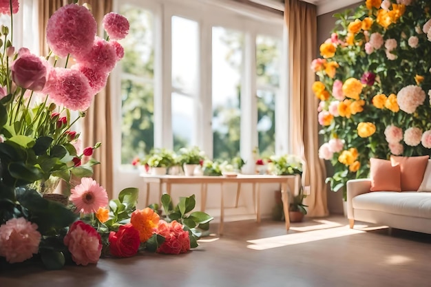 A room with flowers and a window with a view of the garden